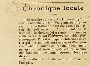 Local newspaper report dated 30 December 1888 recording Vincent's self-mutilation